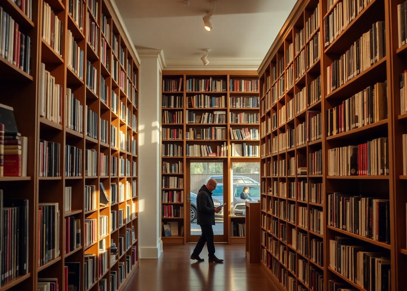 Independent bookstore interior with tall shelves of books