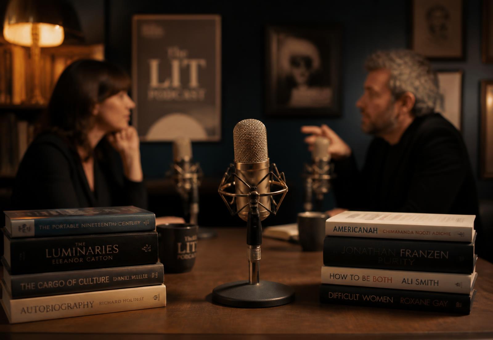 A literary podcast studio with a microphone and stacks of books